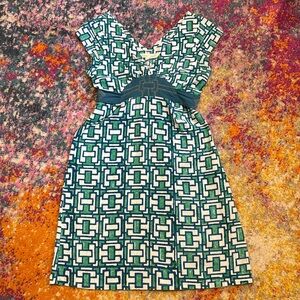 MATA TRADERS ANTHROPOLOGIE Green White Geometric Pattern Cotton Kimono Dress